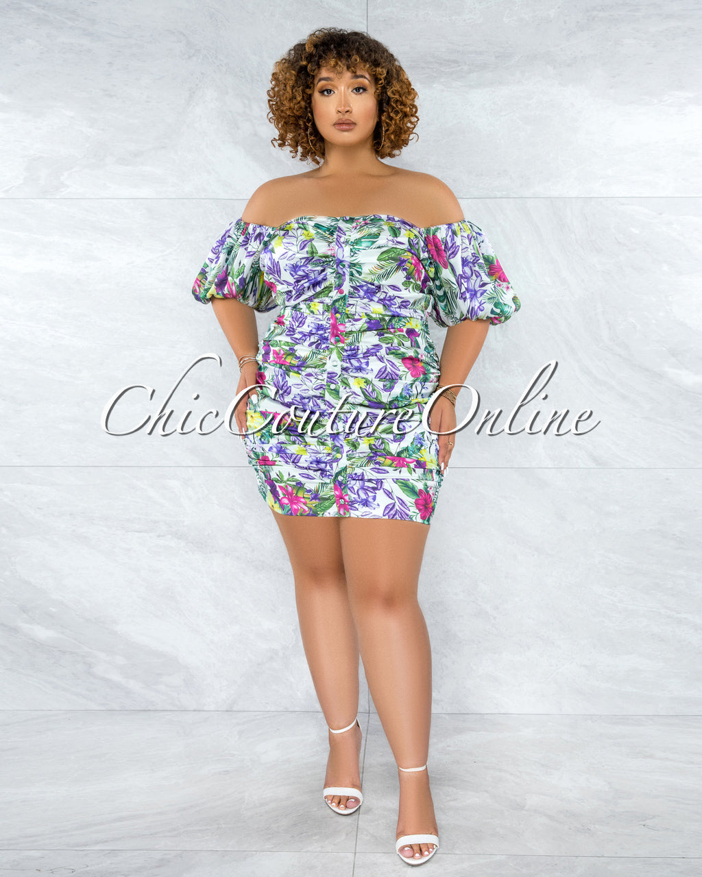 *Ishana White Floral Print Front Buttons Ruched Mini Dress