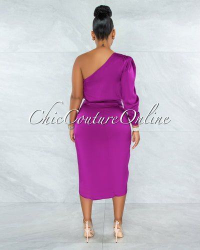 *Folgar Purple Draped Single Shoulder Midi Dress