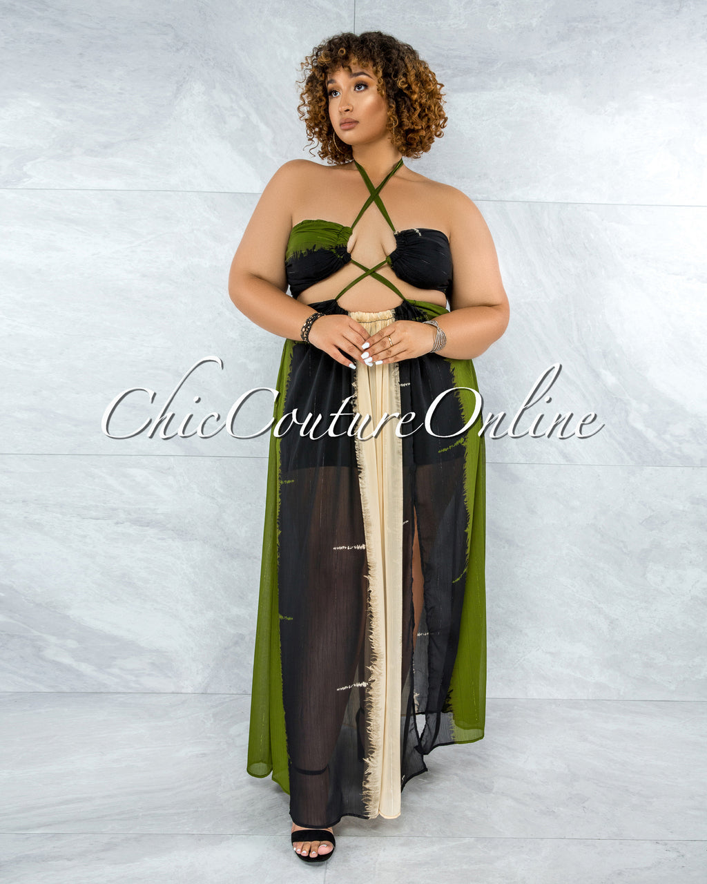*Marnin Cream Olive Black Cut-Out Maxi CURVACEOUS Dress