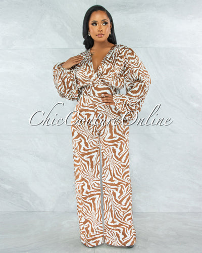Evander Brown White Print Pleated Satin Jumpsuit