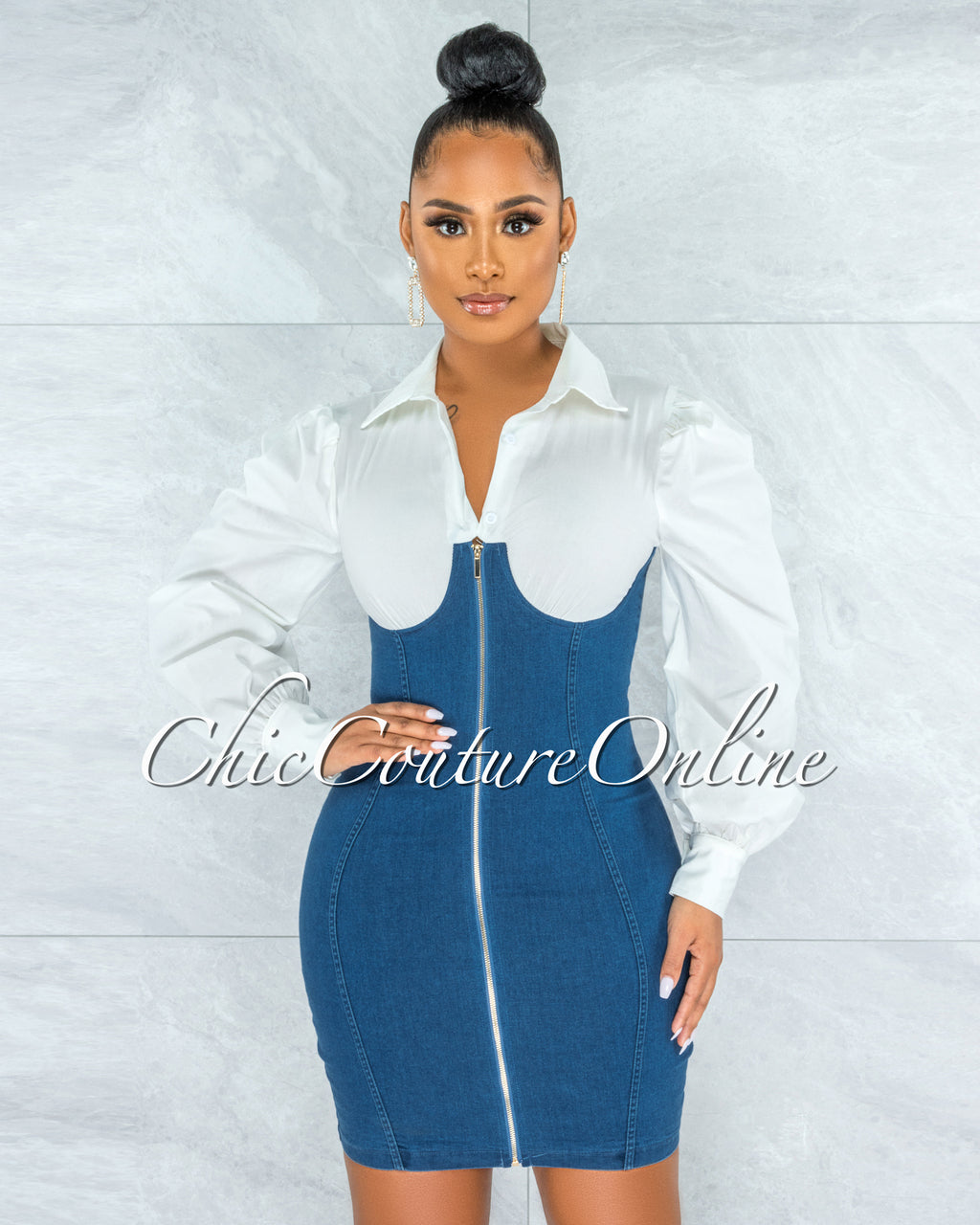 *Zerena White Shirt Denim Overall Illusion Dress