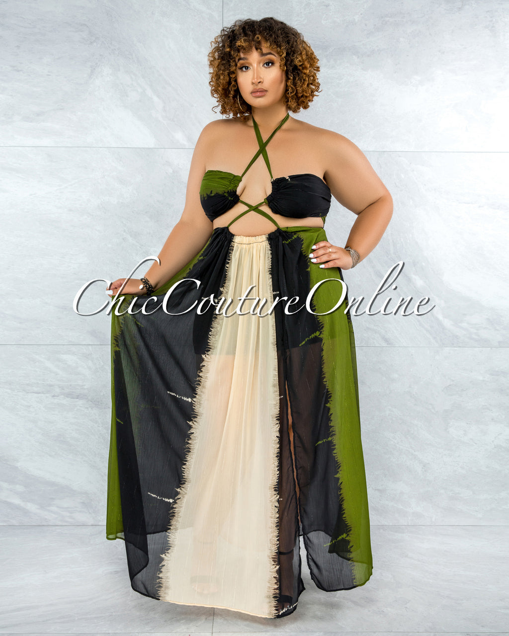 *Marnin Cream Olive Black Cut-Out Maxi CURVACEOUS Dress