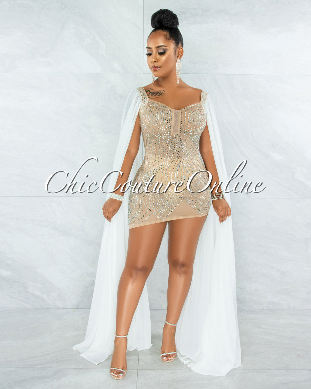 *Moronta Nude Rhinestones White Mesh Long Pleated Sleeves Dress