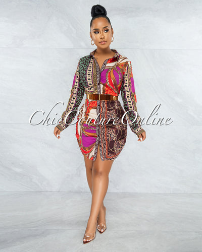 IndyMarie Brown Multi-Color Print Buttons Drape Shirt Dress