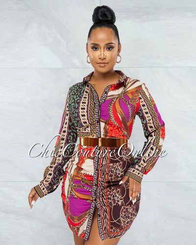 IndyMarie Brown Multi-Color Print Buttons Drape Shirt Dress
