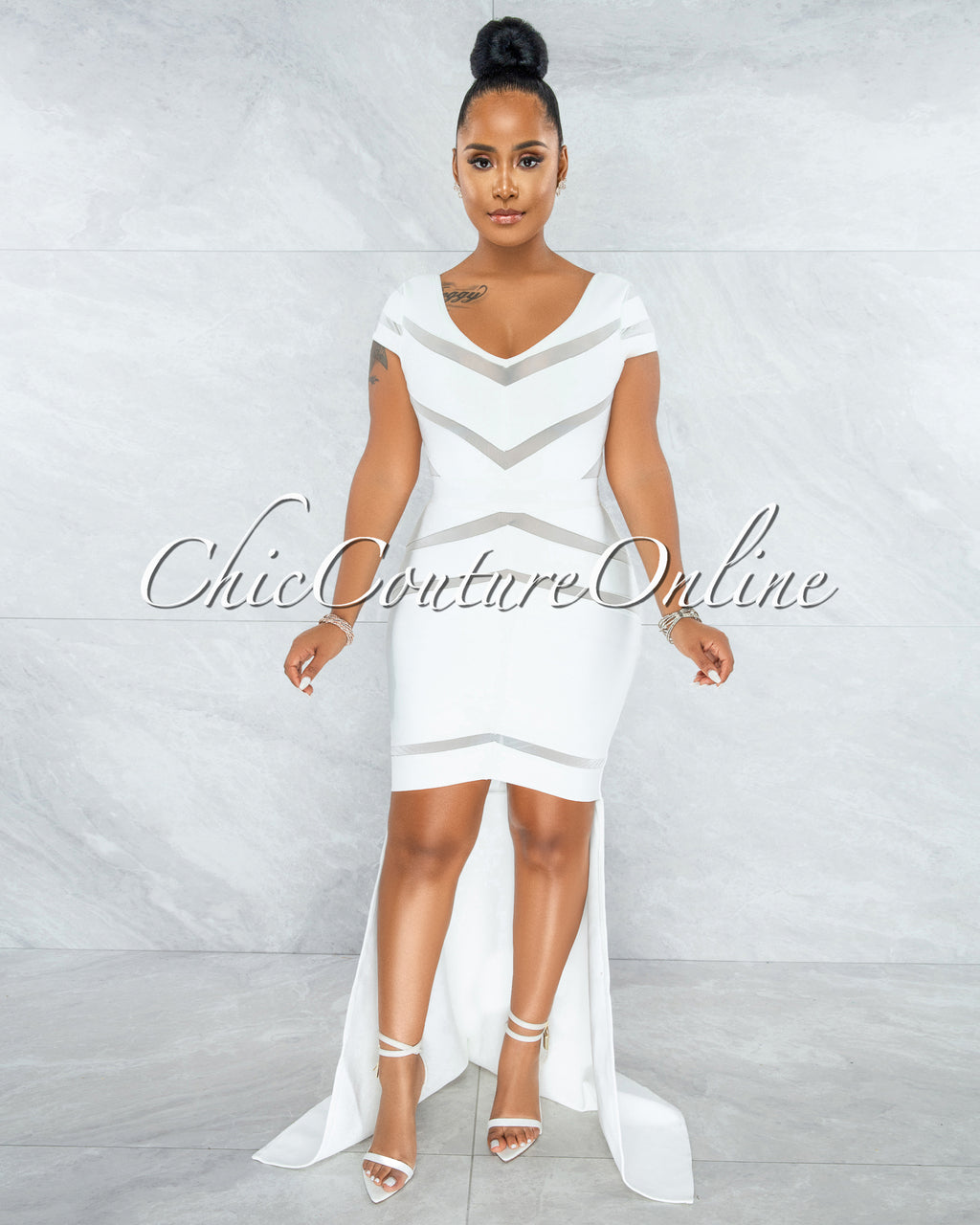 *Martinez Off-White Mesh Stripes Bandage Hi Lo Dress