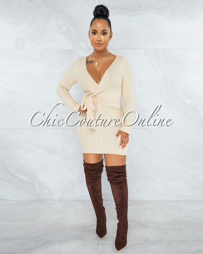 Berwin Cream Wrap Tie Cable Knit Dress
