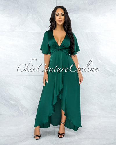 *Jesimiel Hunter Green Drape Dramatic High-Low Slit Dress