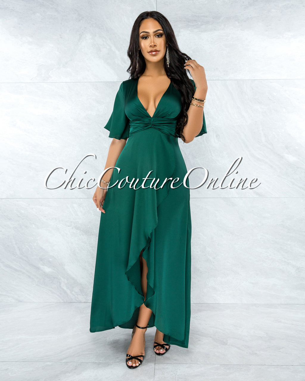 *Jesimiel Hunter Green Drape Dramatic High-Low Slit Dress