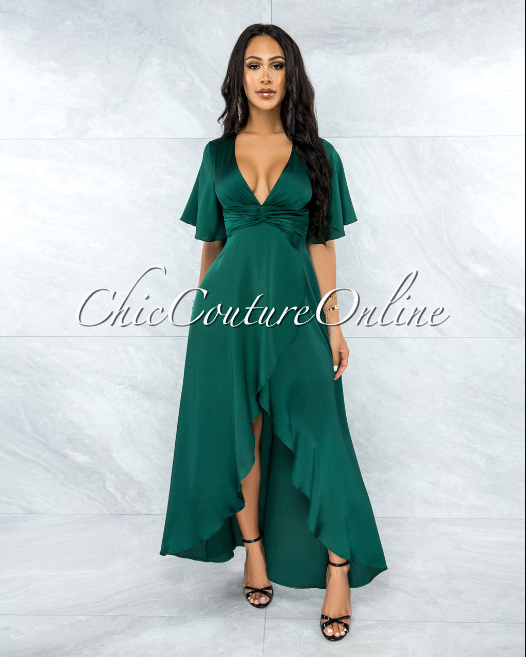 *Jesimiel Hunter Green Drape Dramatic High-Low Slit Dress