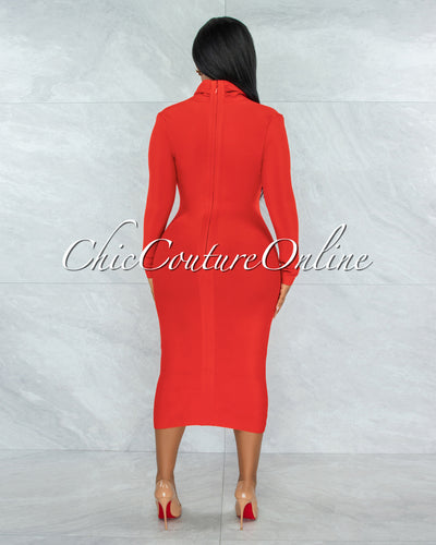 Athina Red Draped Details Bandage Midi Dress