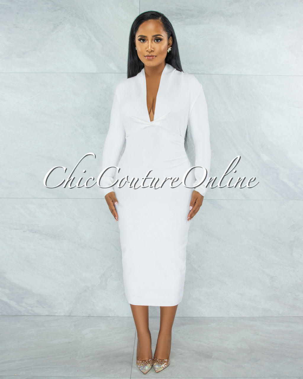 Athina Off-White Draped Details Bandage Midi Dress