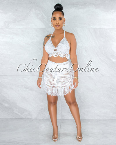 *Dodge Off-White Crochet Cover-Up Fringe Skirt Set