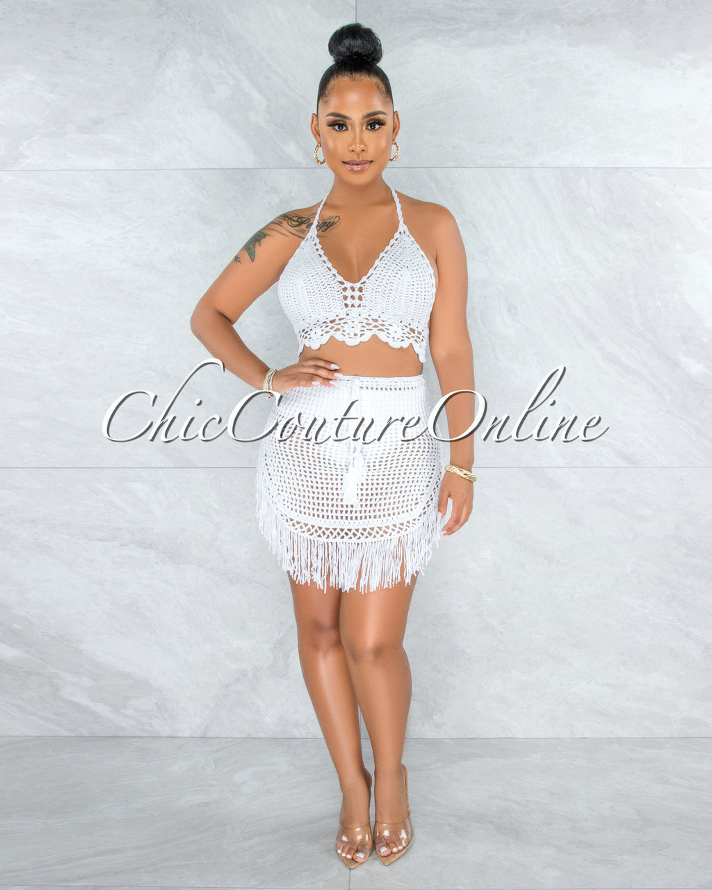 *Dodge Off-White Crochet Cover-Up Fringe Skirt Set