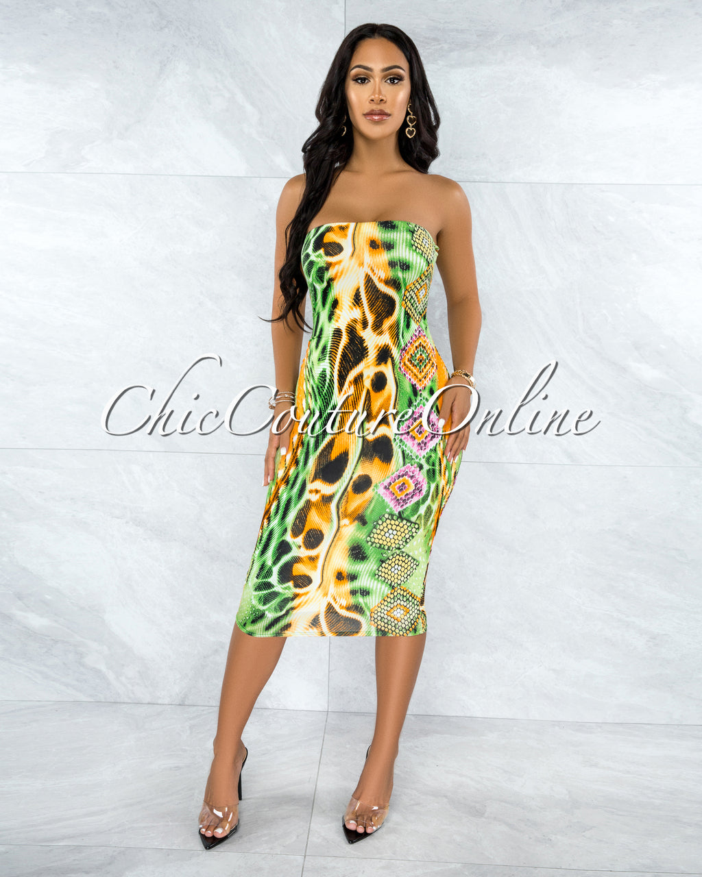 *Stella Green Multi-Color Snake Print Tube Midi Dress