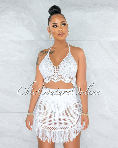 *Dodge Off-White Crochet Cover-Up Fringe Skirt Set