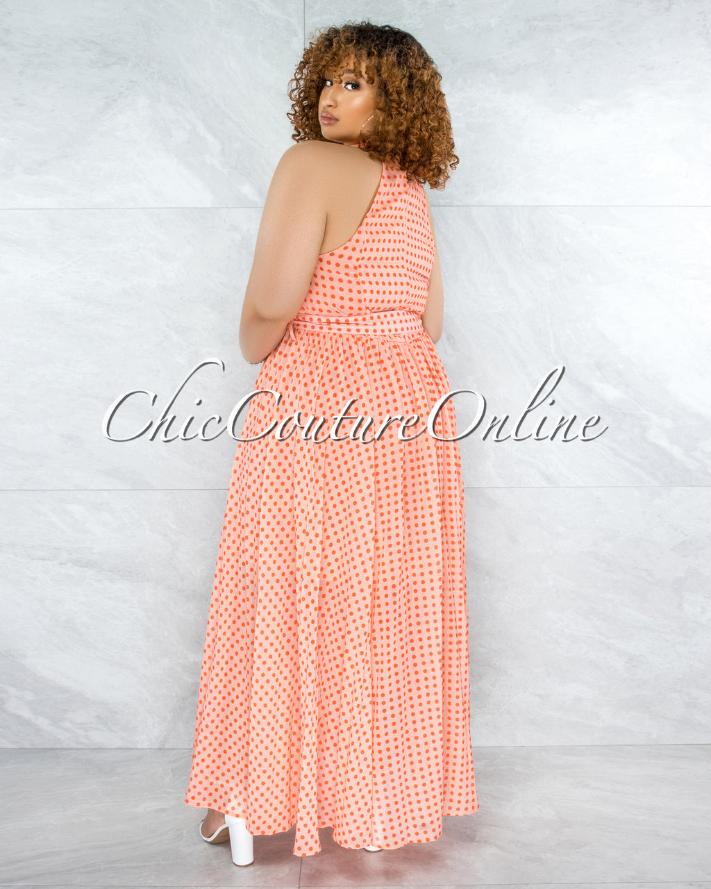 *Quella Coral Orange Polka Dots Matching Belt CURVACEOUS Dress