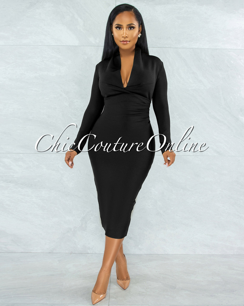 Athina Black Draped Details Bandage Midi Dress – Chic Couture Online