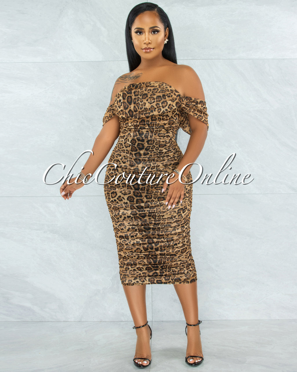 Altman Leopard Mesh Overlay Ruched Off-The Shoulder Dress