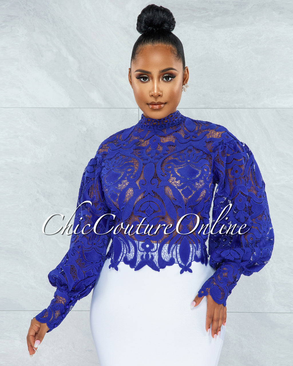 Amber Royal-Blue Long Sleeves Crochet Crop Top