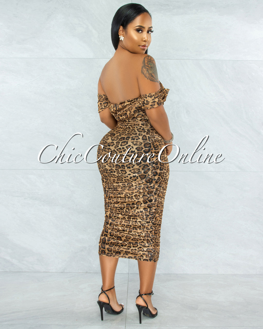 Altman Leopard Mesh Overlay Ruched Off-The Shoulder Dress