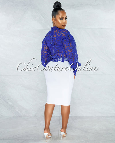 Amber Royal-Blue Long Sleeves Crochet Crop Top