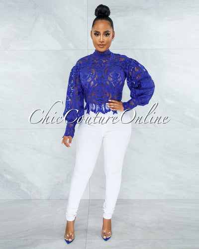 Amber Royal-Blue Long Sleeves Crochet Crop Top