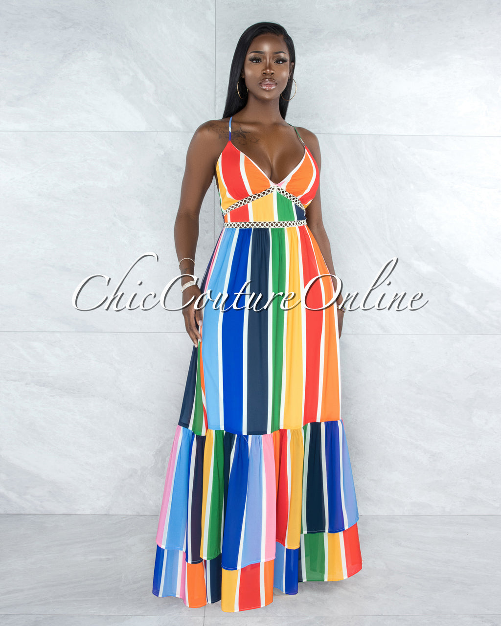 Alegria Multi-Color Stripe Crochet Details Maxi Ruffle Dress