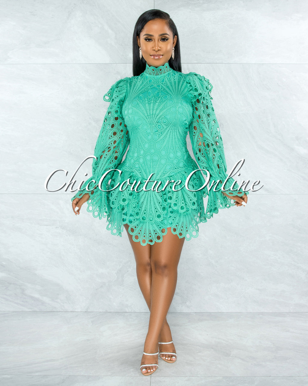 *Zamora Seafoam Green Crochet Embroidery Ruffle Ultra Mini Dress