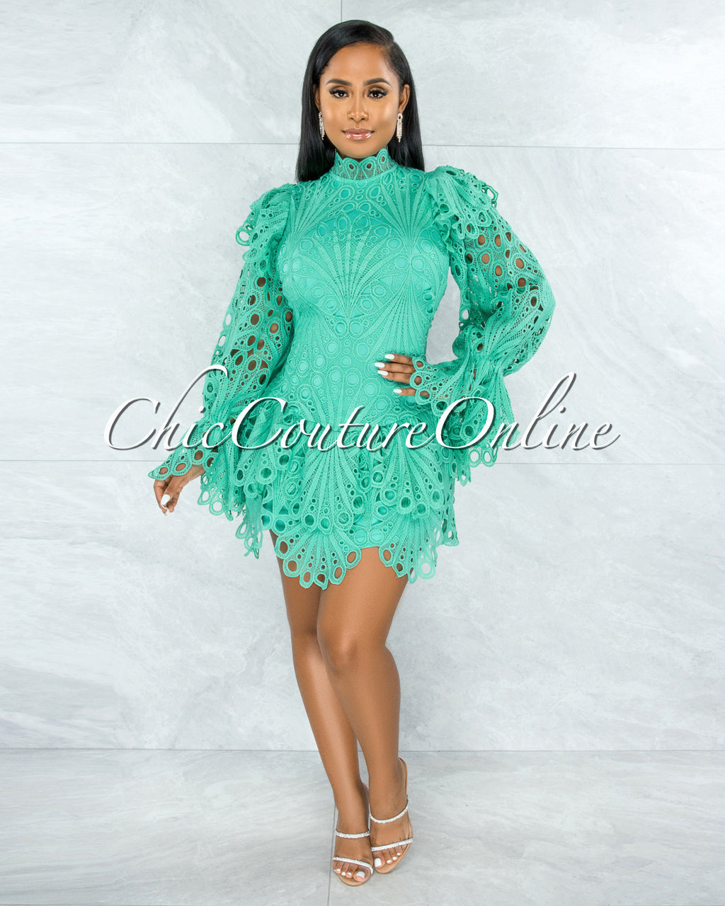 *Zamora Seafoam Green Crochet Embroidery Ruffle Ultra Mini Dress