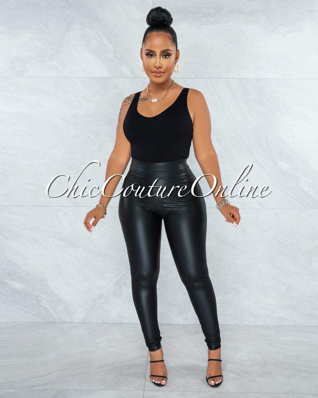 *Eara Black Faux Leather Ruched Leggings