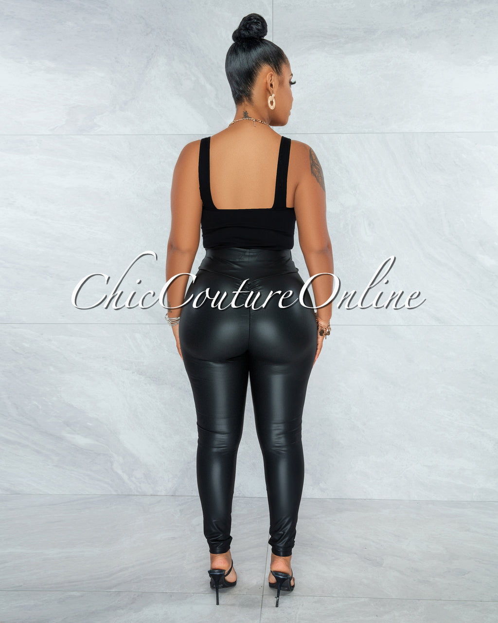 Eara Black Faux Leather Ruched Black Leggings – Chic Couture Online