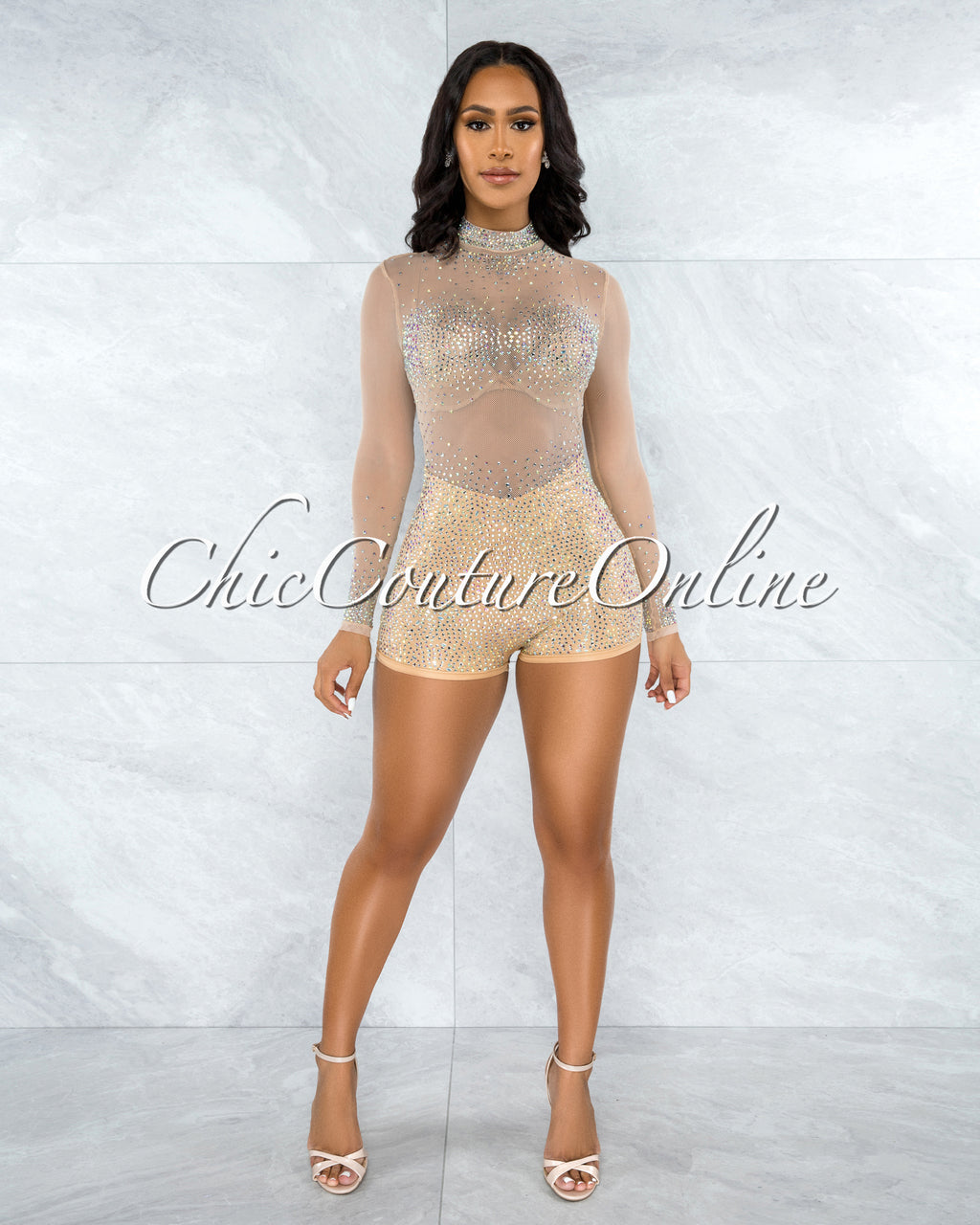 *Gemma Nude Mesh Iridescent Rhinestones Romper