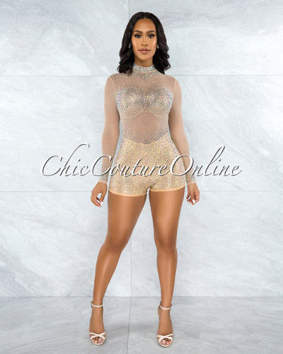 *Gemma Nude Mesh Iridescent Rhinestones Romper