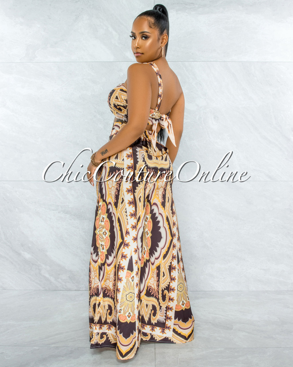 *Alston Brown Gold Print Multi-Way Top & Wide Legs Set