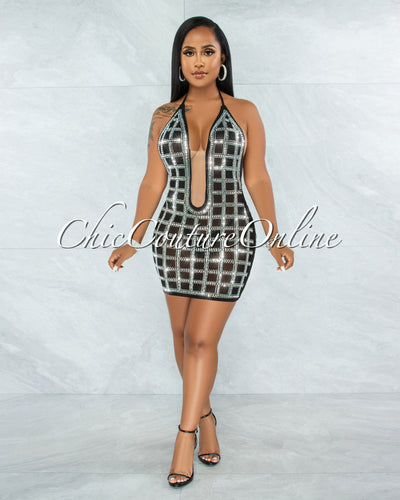 *Tetra Black Rhinestones Mesh Halter Mini Dress