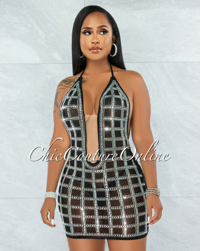 *Tetra Black Rhinestones Mesh Halter Mini Dress