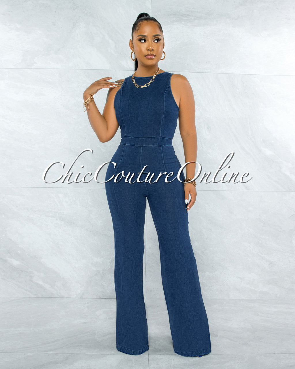 Marlee Dark Denim Wide Leg Jumpsuit