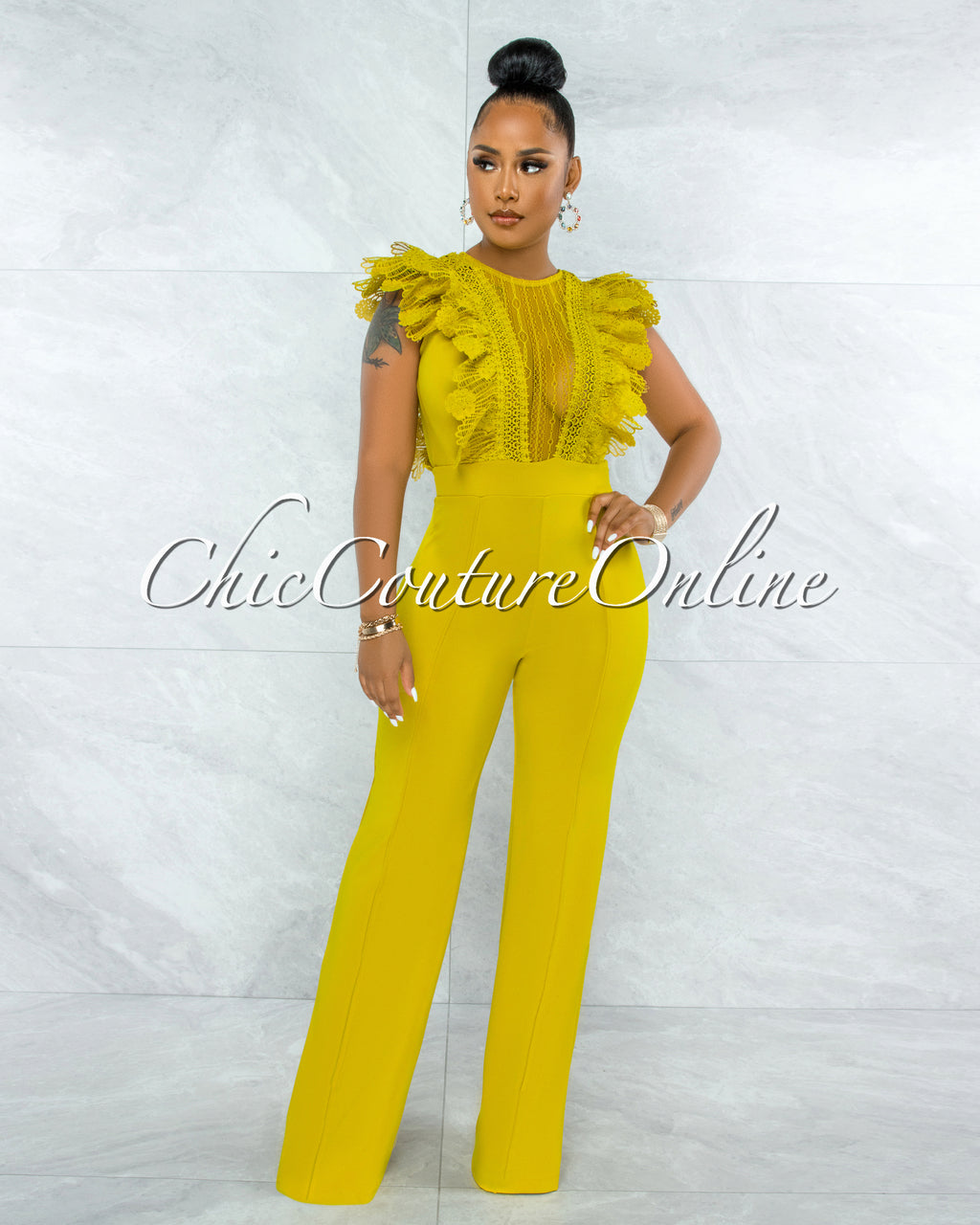 *Caramelo Lime Yellow Lace Sheer Top Crochet Jumpsuit
