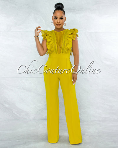 *Caramelo Lime Yellow Lace Sheer Top Crochet Jumpsuit