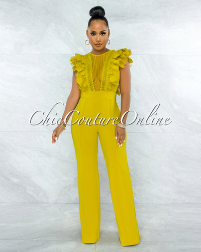 *Caramelo Lime Yellow Lace Sheer Top Crochet Jumpsuit