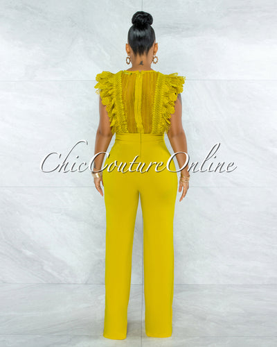 *Caramelo Lime Yellow Lace Sheer Top Crochet Jumpsuit