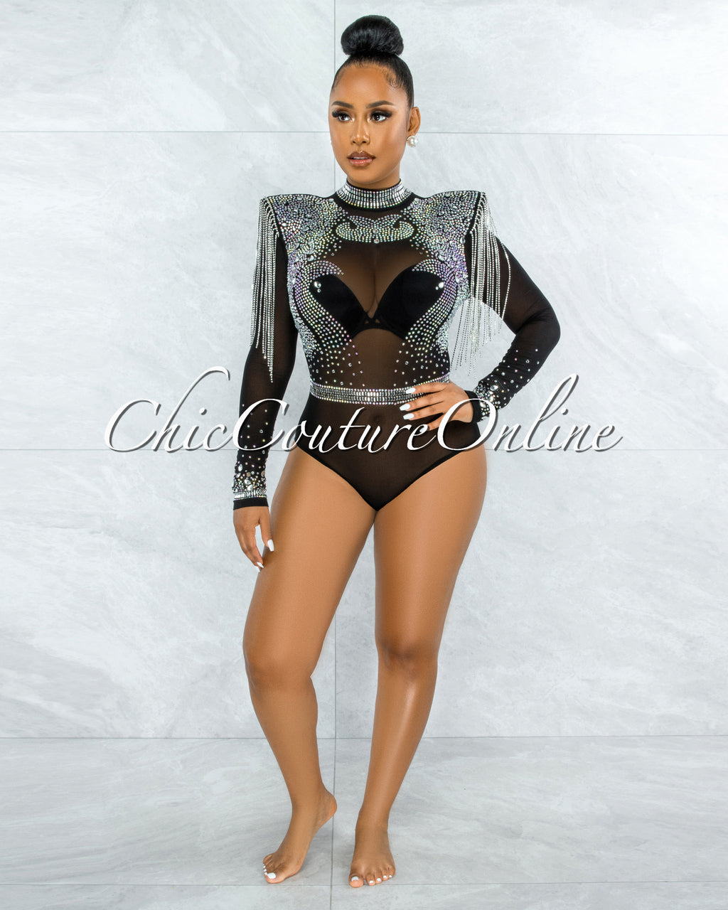 Yonce Ultra Luxe Embellished Padded Shoulders Bodysuit