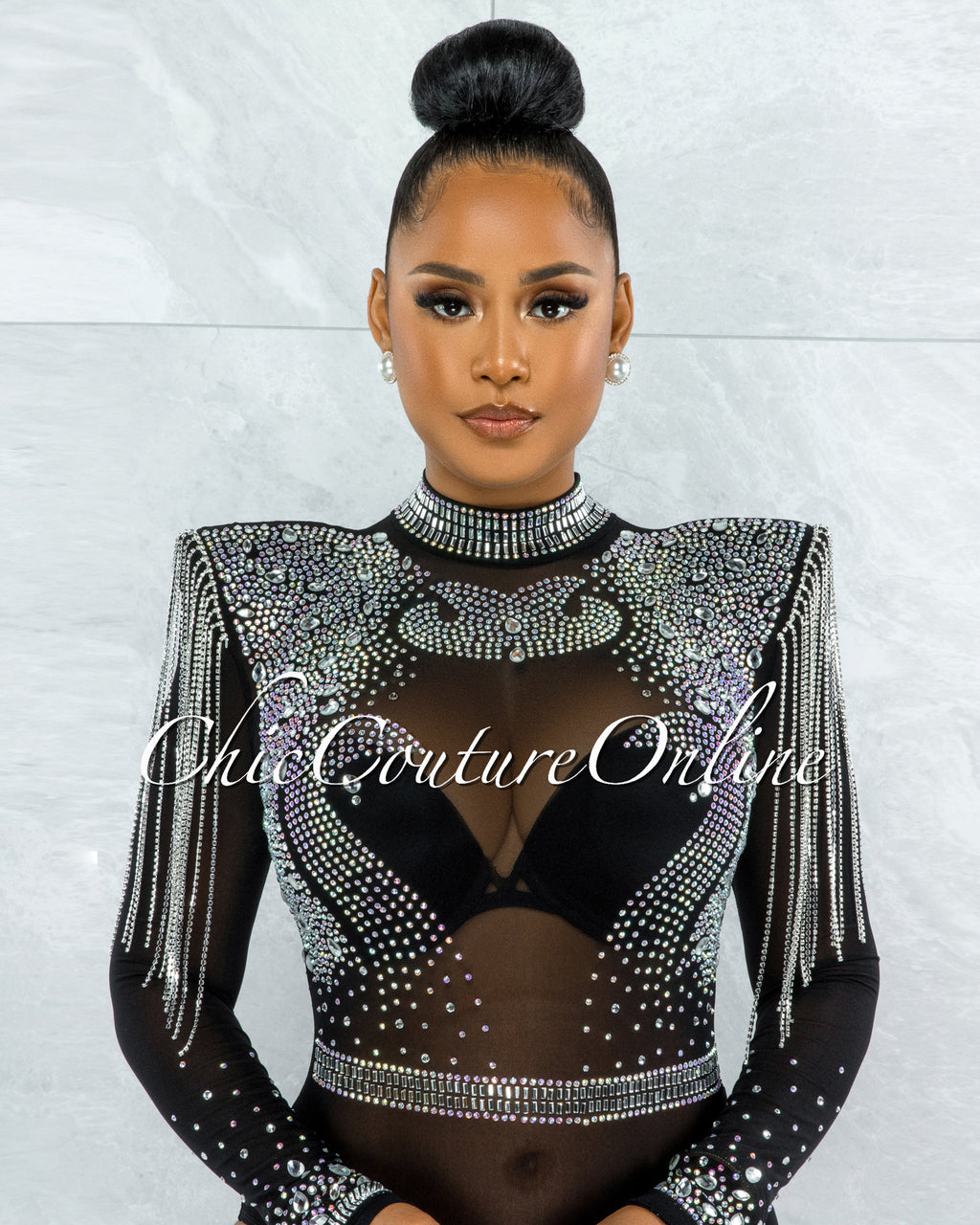 Yonce Ultra Luxe Embellished Padded Shoulders Bodysuit