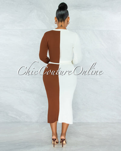 Samie White Brown Two Tones Buttoned Top & Skirt Ribbed Set