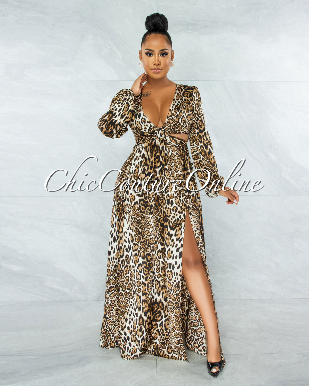 *Naiya Leopard Print O-Ring Design Maxi Dress
