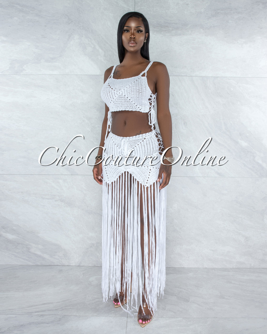 Benji Off-White Crochet Cover-Up Lace-Up Fringe Set