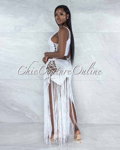 Benji Off-White Crochet Cover-Up Lace-Up Fringe Set