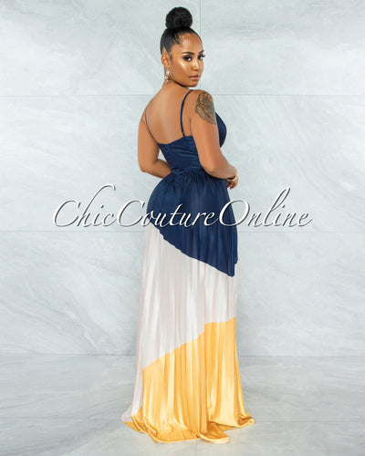 Yolana Navy Nude Yellow Color Block Pleated Maxi Dress