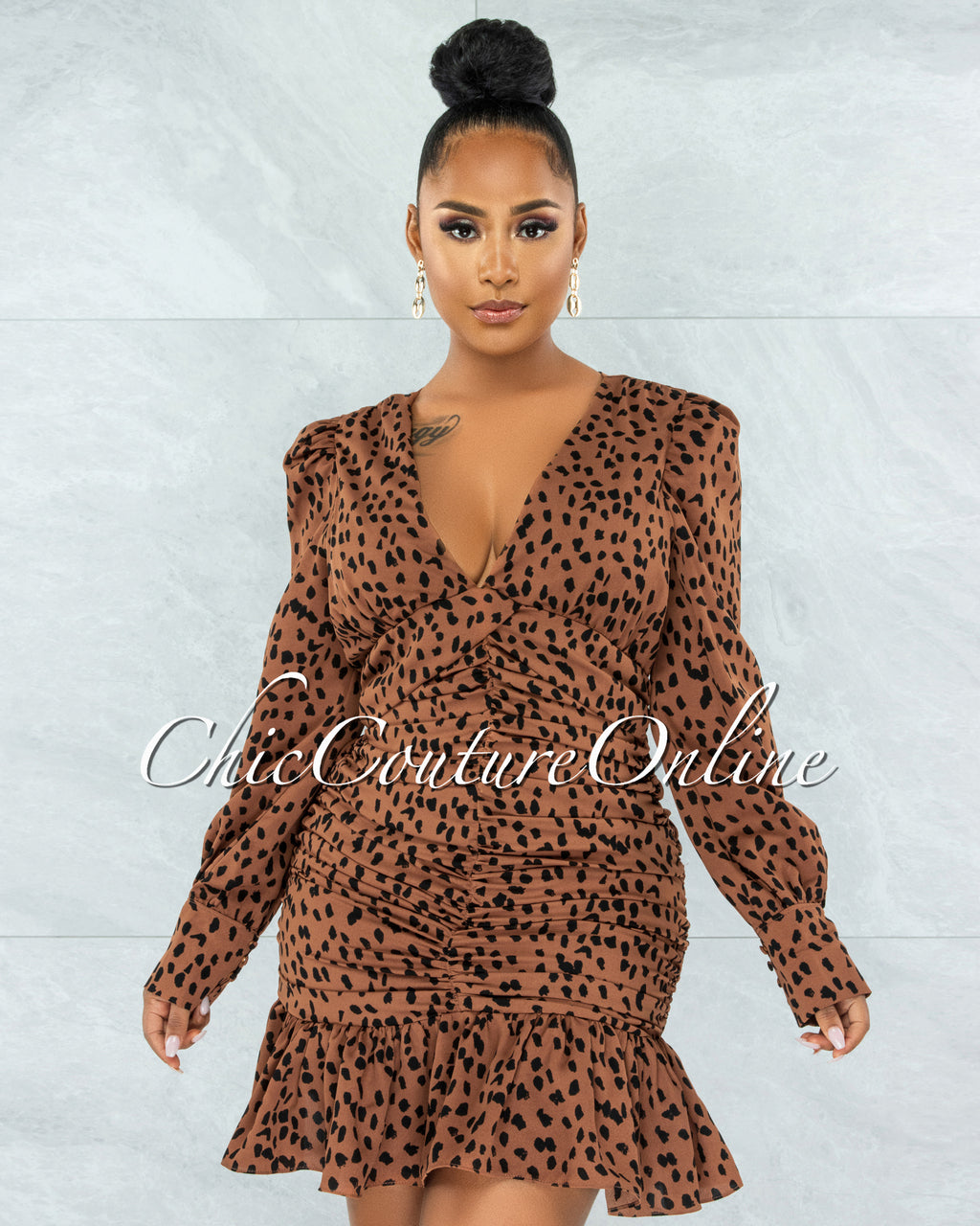 *Wakeen Brown Black Print Ruched Ruffle Hem Dress
